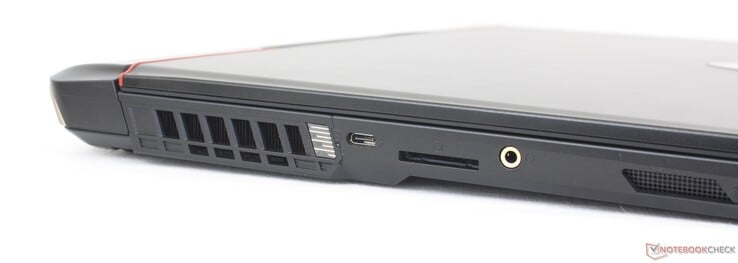 À gauche : USB-C 3.2 Gen. 2 avec Thunderbolt 4 + DisplayPort, lecteur de carte SD, casque 3,5 mm