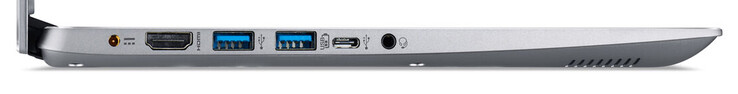 Côté gauche : entrée secteur, HDMI, 3 USB 3.2 Gen 1 (2 Type A, 1 Type C), combo écouteurs / micro jack.