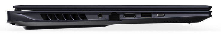 Côté gauche : connexion d'alimentation, Gigabit Ethernet, HDMI, USB 3.2 Gen 2 (USB-A), Thunderbolt 4 (USB-C ; Power Delivery, DisplayPort)