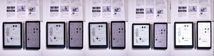 Comparaison de la luminosité entre le Boox Go 6 II (L) et le Palma 2 Pro, par paliers de 25 %, de 0 % à 100 %, dans un intérieur à la lumière du jour tamisée.