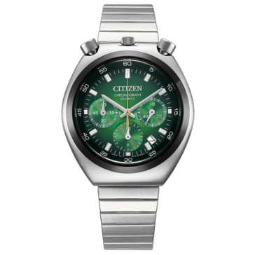 Vue de face du Citizen Tsuno Chronograph AN3714-76W, doté d’un cadran vert dégradé.