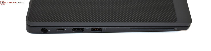 Côté gauche : entrée secteur, Thunderbolt 3, HDMI, USB A 3.0.