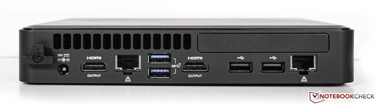 Arrière : Connecteur d'alimentation, 2x HDMI, 2x LAN (Intel i219-LM GbE +Intel i211-AT GbE), 2x USB3.1 Gen.2, 2x USB2.0