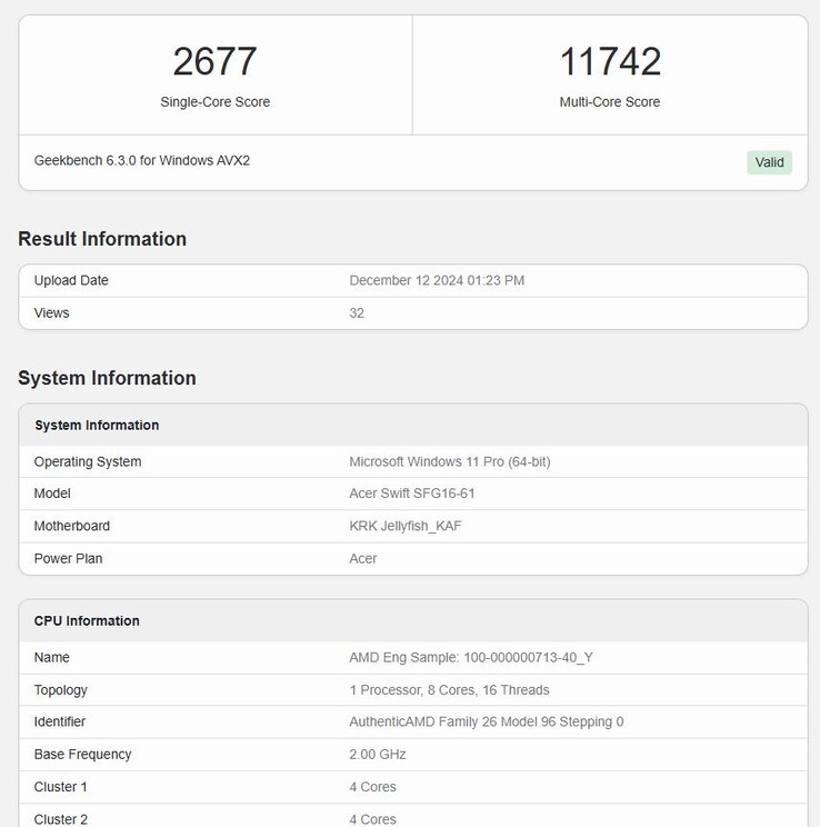 Le prochain Ryzen AI 7 350 à 8 cœurs d'AMD a fait ses débuts sur Geekbench avec des scores décents. (Source de l'image : Geekbench)
