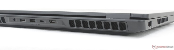 À l'arrière : Adaptateur secteur, 2x USB-A (10 Gbps), USB-C avec DisplayPort 2.1 + Power Delivery 3.1 (10 Gbps), HDMI 2.1