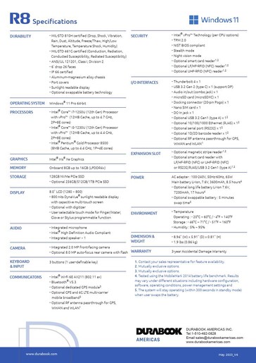 Spécifications du Durabook R8 (Source : Durabook)