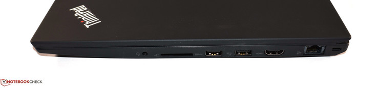 Côté droit : combo écouteurs / micro, lecteur de carte SD, 2 USB A, HDMI, Ethernet RJ45.