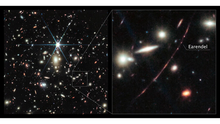 Un amas galactique sur l'image de gauche augmente la lumière de ce qui a été perçu comme l'étoile la plus lointaine de l'Univers sur l'image de droite. (Source de l'image : NASA, ESA, CSA, D. Coe, B. Welch)
