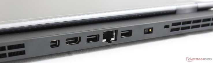 A l'arrière : 2 x USB 3.1 Gen. 2, RJ-45, Mini DisplayPort 1.4, HDMI 2.0, verrou de sécurité Kensington, entrée secteur.