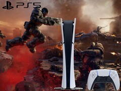 Illustration de Gears of War : E-Day avec le logo PS5 et la console.