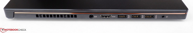 Côté gauche : entrée secteur, HDMI 2.0, 3 USB A 3.1, audio 3,5 mm jack.