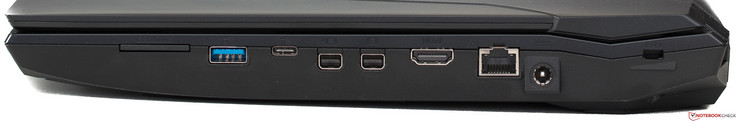 Côté droit : lecteur de carte, USB 3.1 Gen 1, USB C 3.1 Gen 2, 2 Mini DisplayPort, HDMI 2.0, ethernet, entrée secteur, verrou de sécurité Kensington