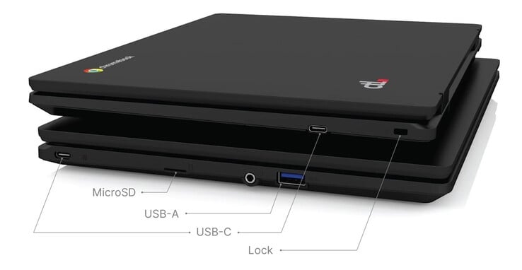 Le CTL Chromebook PX121E est équipé de deux ports USB-C, d'un port USB-A, d'un emplacement microSD et d'un emplacement de verrouillage de sécurité. (Source de l'image : CTL)