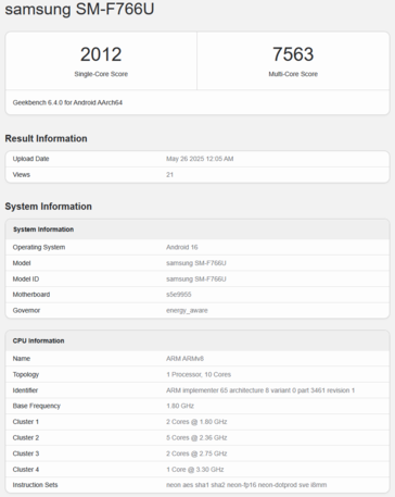 Exynos 2500 listé dans Geekbench avec Galaxy Z Flip 7 (source d'image : Geekbench)