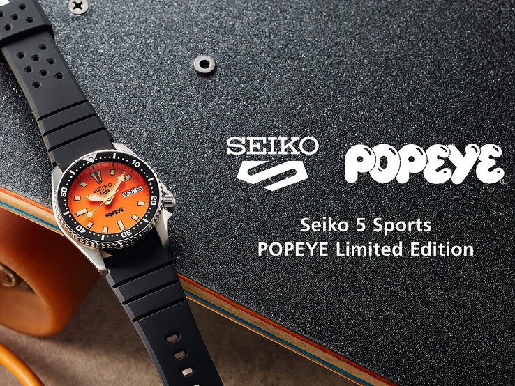 Texte alternatif : Vue de profil de la Seiko 5 Sports x Popeye HDB013, mettant en évidence son cadran orange, sa lunette tournante noire et son boîtier en acier inoxydable.