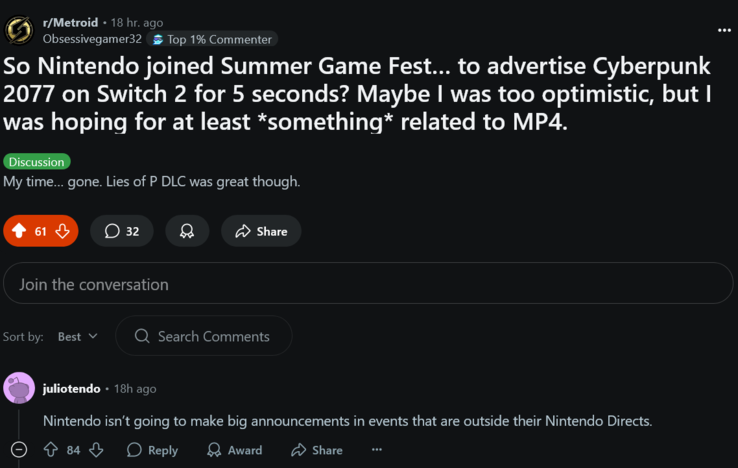 Summer Game Fest 2025 Réaction des fans de Nintendo (Image source : screenshot, Metroid subreddit)