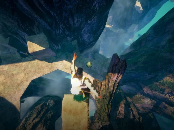Cette capture d’écran de la bande-annonce officielle montre un bouton de fleur au sol en contrebas qui amortira la chute.