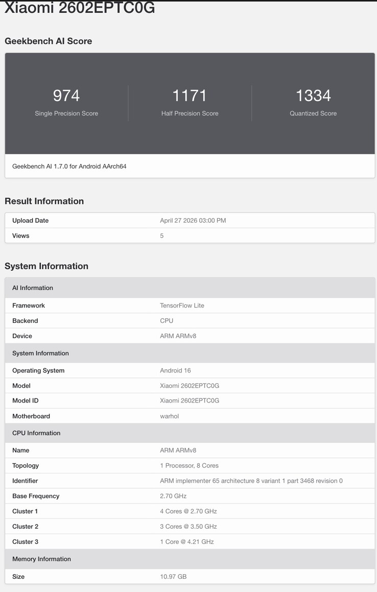 Le listing Geekbench révèle les détails du chipset du Xiaomi 17T Pro.