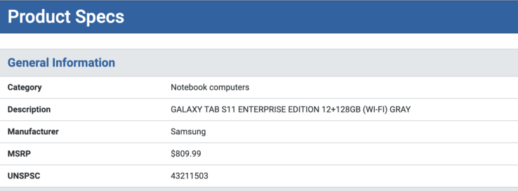 Liste de Galaxy Tab S11 Enterprise Edition. (Source de l'image : SHI)