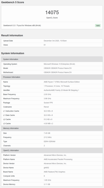 AMD Ryzen Renoir Microsoft Surface Edition APU Geekbench - OpenCL. (Source : Geekbench)