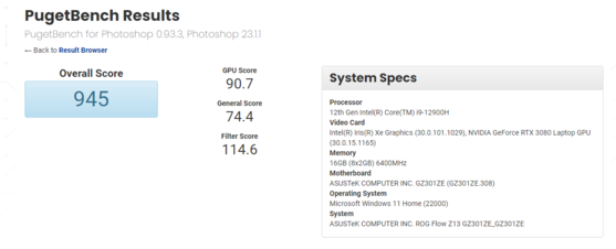 Asus ROG Flow Z13 avec Core i9-12900H et RTX 3080 dans PugetBench Photoshop. (Source : PugetBench)