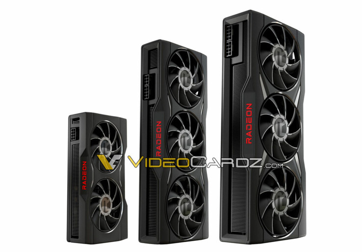 AMD Radeon RX 6950 XT, Radeon RX 6750 XT et Radeon RX 6650 XT, de droite à gauche. (image via Videocardz)