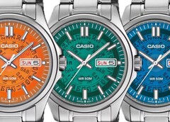 Trois montres Casio MTP-E740, de couleur orange, bleu sarcelle et bleu vif, présentées côte à côte, avec des cadrans translucides laissant apparaître les rouages du jour et de la date situés en dessous.