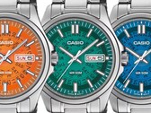 Trois montres Casio MTP-E740, de couleur orange, bleu sarcelle et bleu vif, présentées côte à côte, avec des cadrans translucides laissant apparaître les rouages du jour et de la date situés en dessous.