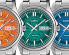 Trois montres Casio MTP-E740, de couleur orange, bleu sarcelle et bleu vif, présentées côte à côte, avec des cadrans translucides laissant apparaître les rouages du jour et de la date situés en dessous.