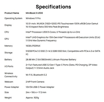 Caractéristiques techniques complètes du MiniBook X U300