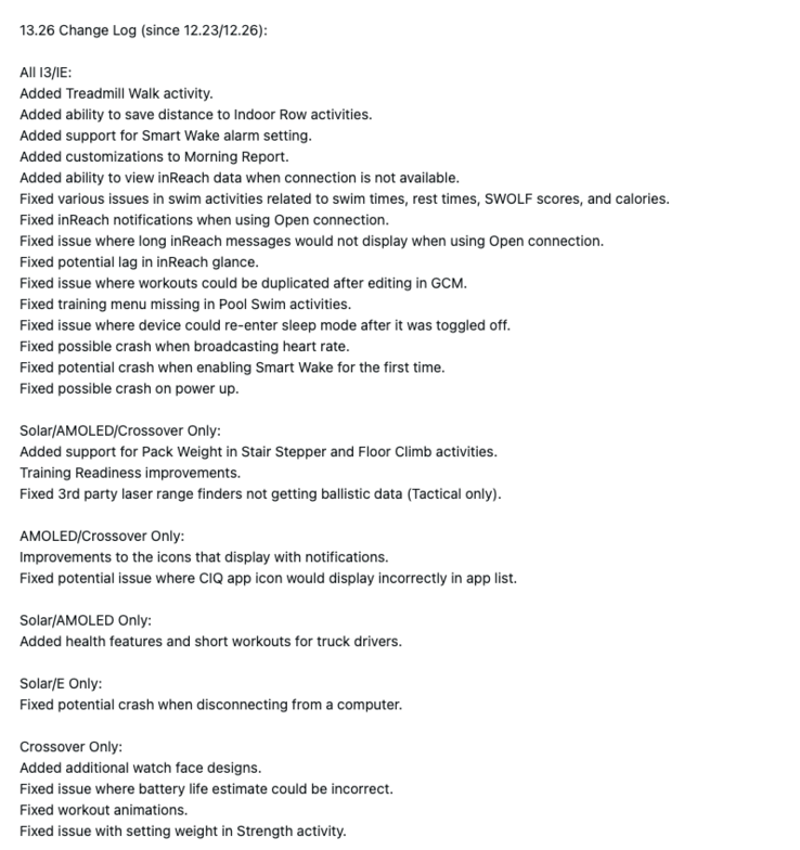 Le journal des changements pour le logiciel Garmin 13.26