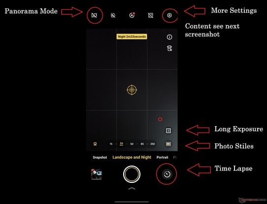 Les modes Paysage et Nuit contiennent une variété de caractéristiques différentes, malheureusement réparties de manière assez aléatoire.