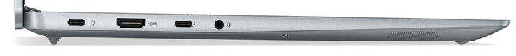 Côté gauche : USB 2.0 (Type-C ; Power Delivery), HDMI, Thunderbolt 4/USB 4 (Type-C ; DisplayPort, Power Delivery), combo audio