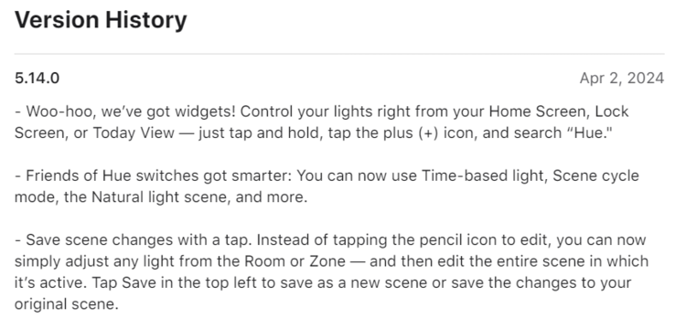 Le journal des modifications de la version 5.14.0 de l'application Philips Hue. (Source de l'image : Apple App Store)