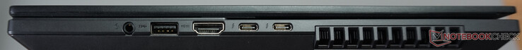 Ports à droite : casque, USB-A (5 Gbit/s), HDMI 2.1 FRL, deux Thunderbolt 4