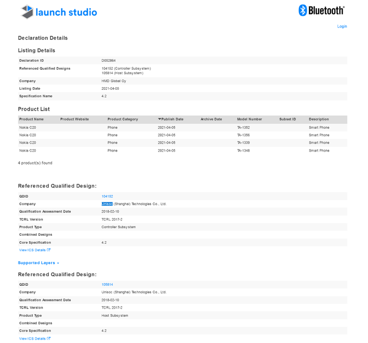 Le Bluetooth SIG donne les spécifications Bluetooth du C20 avant son lancement. (Source : Bluetooth SIG)