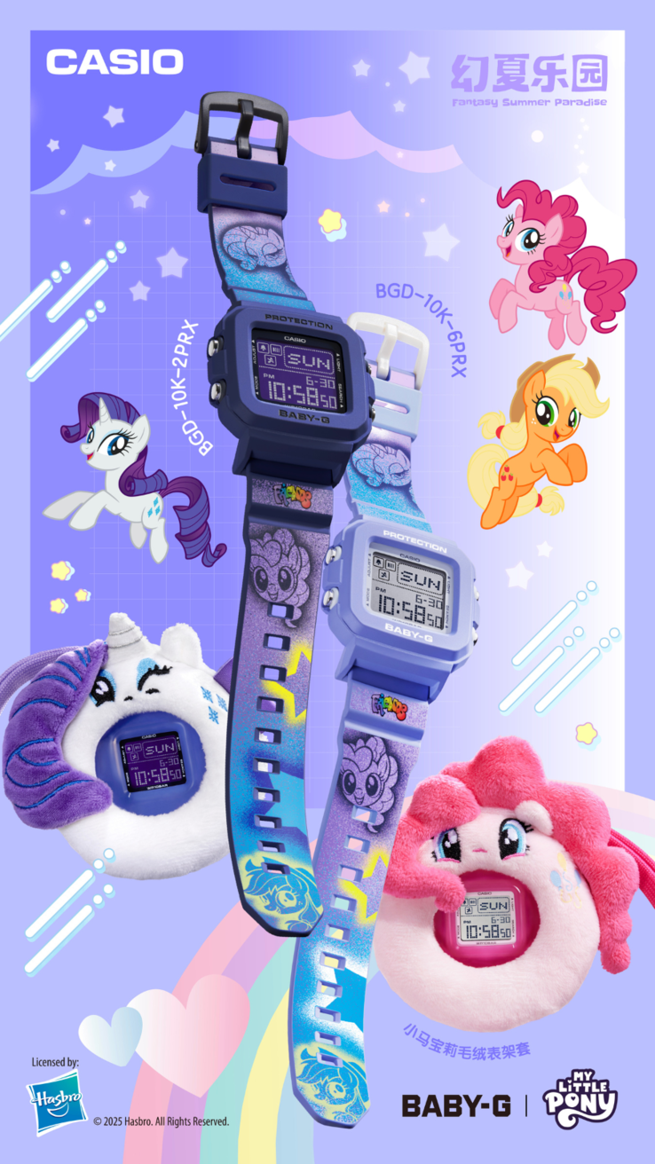 Les montres Casio G-Shock Baby-G x My Little Pony BGD-10K-2PRX (à gauche) et BGD-10K-6PRX (à droite). (Source de l'image : Casio)