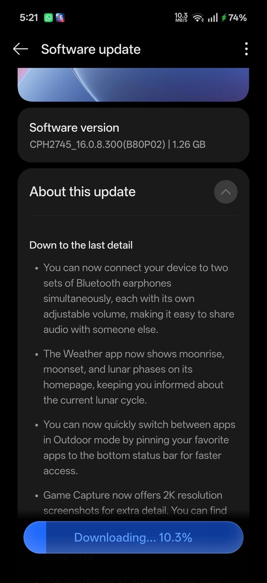 Téléchargement de la mise à jour OTA OxygenOS 16.0.8.300 sur un OnePlus 15