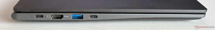 À gauche : USB-C 3.2 Gen.1 (5 Gbit/s, DisplayPort, Power Delivery), HDMI 1.4b, USB-A 3.2 (5 Gbit/s), USB-C 3.2 Gen.1 (5 Gbit/s, DisplayPort, Power Delivery)