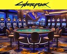 Le logo de Cyberpunk 2077 au-dessus d'un casino futuriste (Source de l'image : Rockstar Games avec modifications)