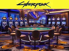 Le logo de Cyberpunk 2077 au-dessus d'un casino futuriste (Source de l'image : Rockstar Games avec modifications)