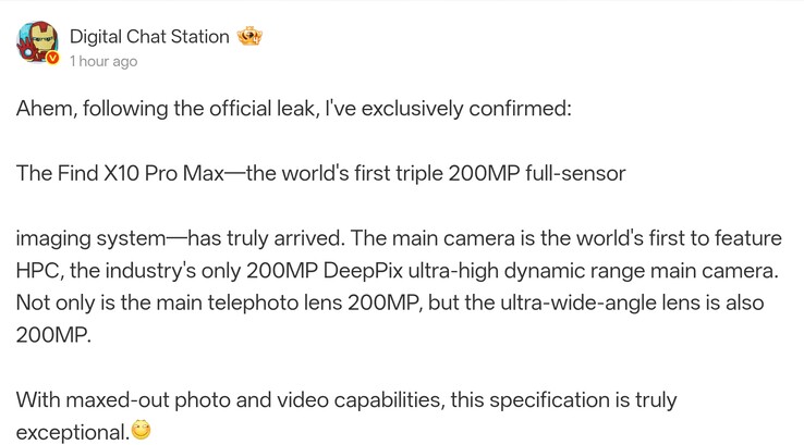 Le message publié sur Weibo par Digital Chat Station détaillant les résolutions des capteurs d'appareil photo (traduction automatique)