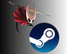 Hornet de Hollow Knight : Silksong au-dessus du logo Steam (Source de l'image : Team Cherry, Steam, avec modifications)