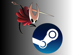 Hornet de Hollow Knight : Silksong au-dessus du logo Steam (Source de l&#039;image : Team Cherry, Steam, avec modifications)