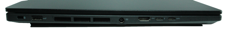 Côté gauche : 1 verrou Kensington, USB-A 3.2 Gen.2, port d'alimentation, HDMI 2.1, 1 Thunderbolt 4, USB-C 3.2 Gen.2