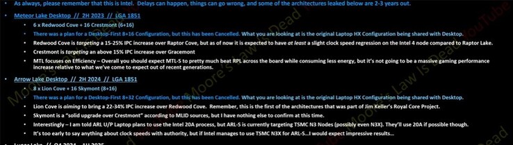 Informations sur les processeurs Intel Meteor Lake et Arrow Lake. (Source : MLID)