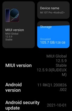 MIUI 12.5.9 Enhanced Edition Global Stable sur Xiaomi Mi 10T Pro détails (Source : Own)
