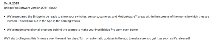 Les notes de version de la première mise à jour de Philips Hue Bridge Pro. (Source de l'image : Philips Hue)
