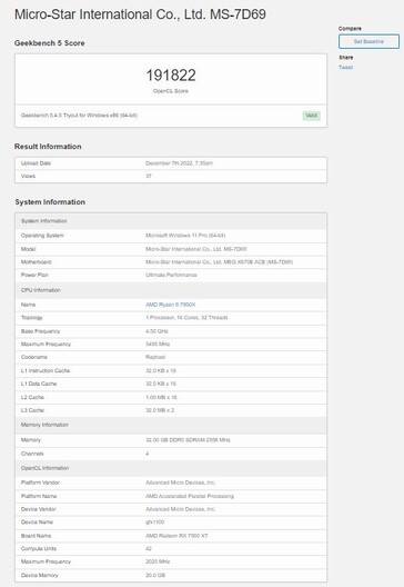 Benchmark OpenCL de la RX 7900 XT. (Source : Geekbench via BenchLeaks)