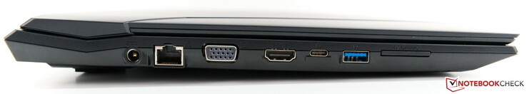 Côté gauche : entrée secteur, RJ45 LAN, VGA, HDMI 1.4b, USB C 3.1 Gen 2 (DisplayPort : non, fonction de charge du portable : non), USB A 3.1 Gen2, lecteur de carte 6-en-1.